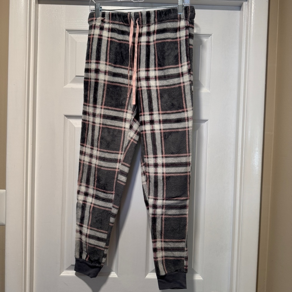JOYSPUN | Girls gray/pink/white plaid fleece pajama pants SMALL (4-6)